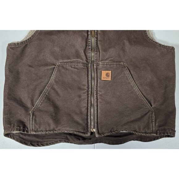 Carhartt V26 DKB Brown Canvas Sherpa Lined Full Zip Outdoor Work Vest Men's L - Picture 9 of 12